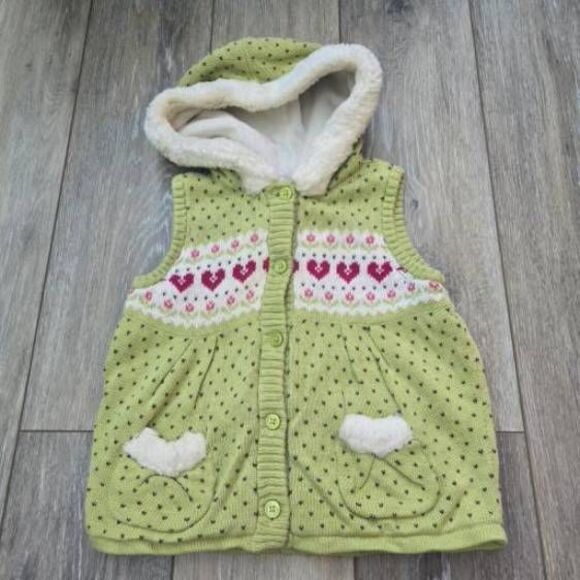 Janie & Jack snuggly warm vest for 2T mini hearts 💕 green and white hooded soft - Picture 1 of 12
